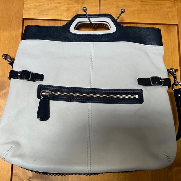 Coach M0873-13380 Ecru Leather Blue Double Handle Foldover Zipper Gusset Bag - Picture 4 of 10